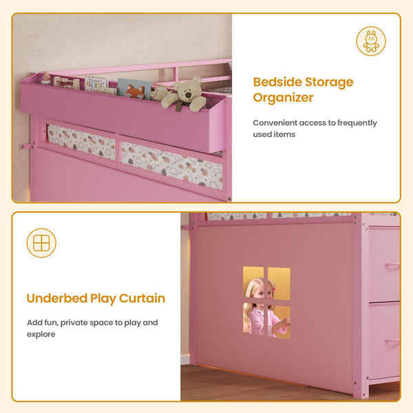 Low Loft Bed Twin Size with Storage Drawers, Bookcase and LED Lights