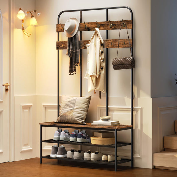 Industrial Hall Tree with Bench, 12 Hooks & Shoe Storage – 39.4"L x 14"W x 71.7"H