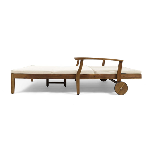 Outdoor Double Chaise Lounge – Acacia Wood Frame with Cream Cushions