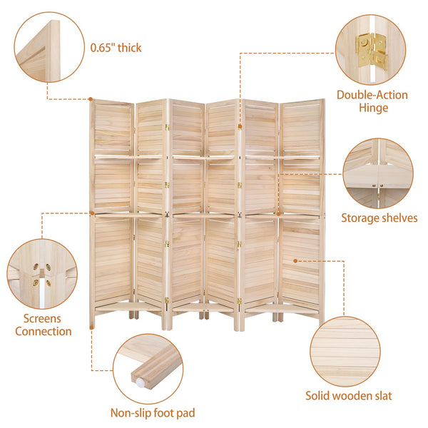 6-Panel Wood Room Divider with Shelves – 71" Tall Folding Privacy Screen