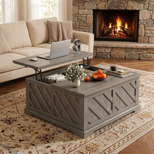 Lift-Top Coffee Table with Hidden Storage & Diagonal Pattern