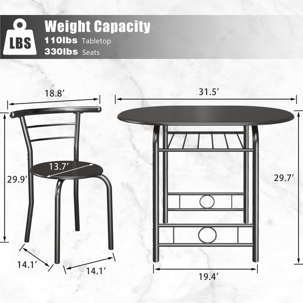 3-Piece Round Dining Table & Chair Set with Built-In Wine Rack