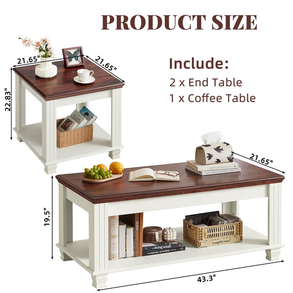 Farmhouse Coffee Table Set of 3 with Open Shelf
