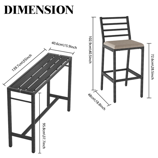 3-Piece Outdoor Patio Bar Set with Bar Table & 2 Cushioned Stools