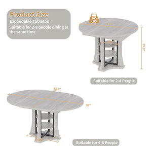 43.3''-59'' Round Extendable Dining Table for 4-6, Modern Kitchen Extendable Dining Room Table with 2-Tier Storage Shelves, Round Oval Dinner Table with Storage for Kitchen Living Room