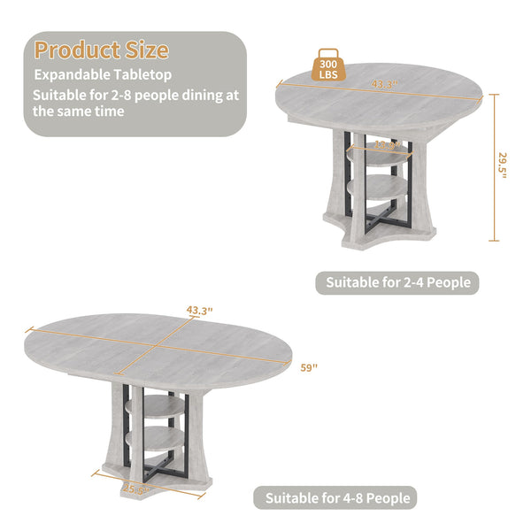 43.3''-59'' Round Extendable Dining Table for 4-6, Modern Kitchen Extendable Dining Room Table with 2-Tier Storage Shelves, Round Oval Dinner Table with Storage for Kitchen Living Room