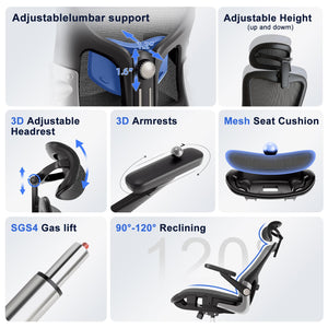 Ergonomic Mesh Office Chair – 3D Armrests, 3D Headrest, Adjustable Lumbar, Rocking Function