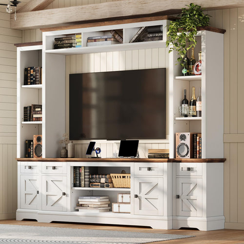 98" Farmhouse Wall Unit Entertainment Center with Barn Doors & Power Outlets