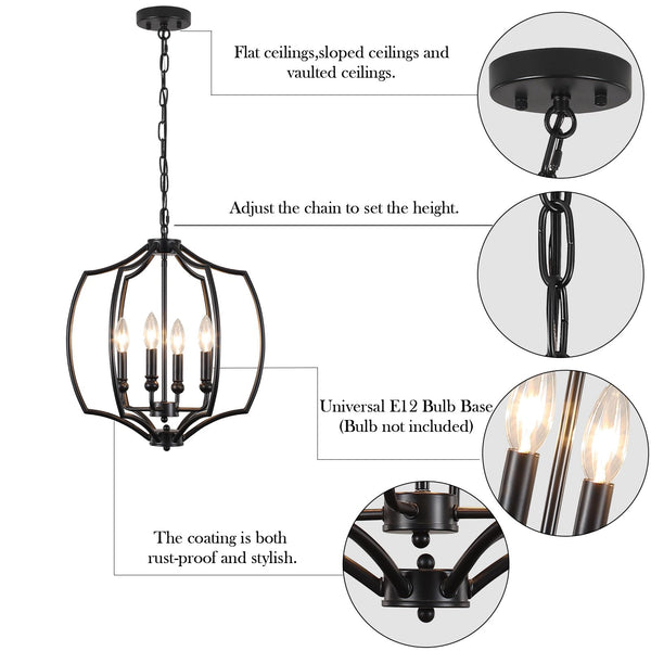 4-Light Black Farmhouse Lantern Chandelier with Geometric Cage