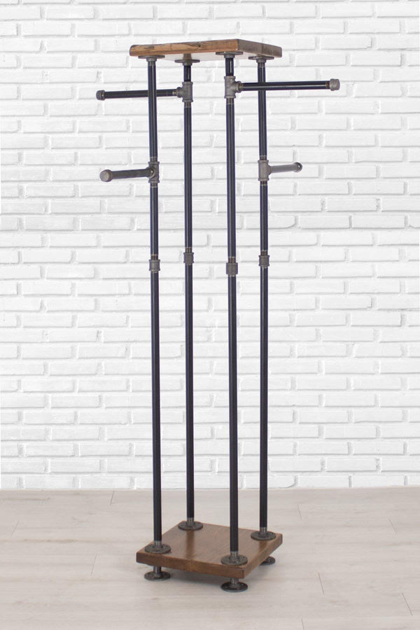 Industrial Pipe & Cedar Wood 4-Way Clothing Rack with Shelves