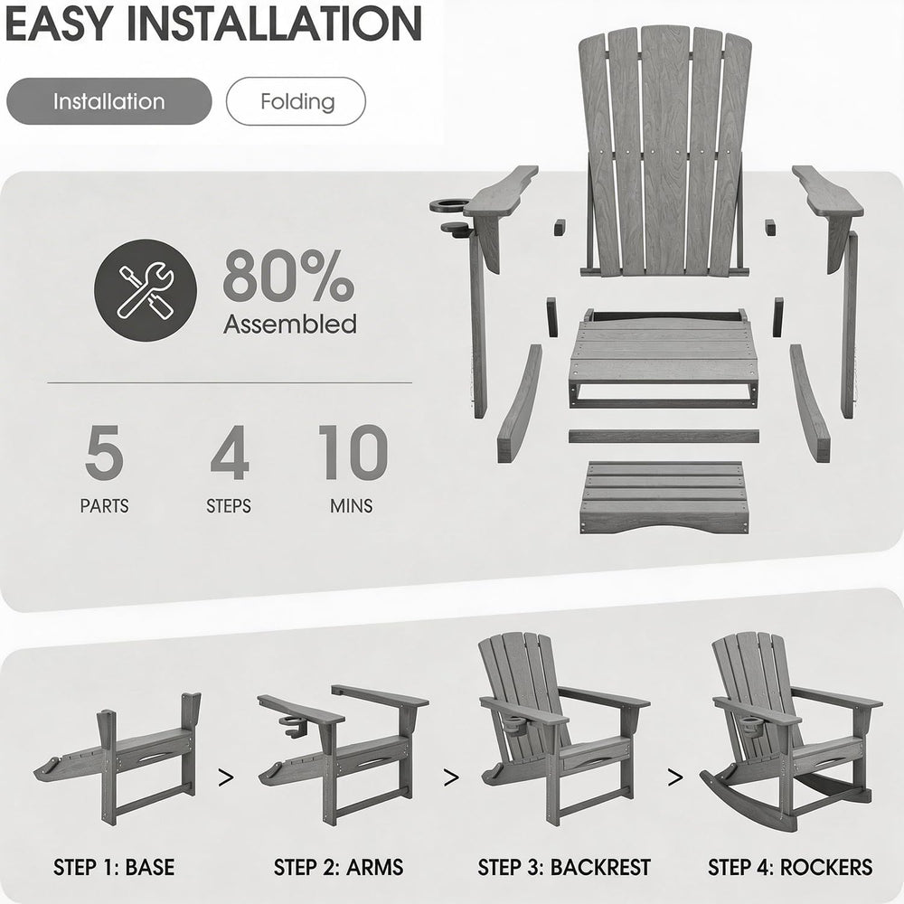 4-in-1 HDPE Adirondack Rocking Chair with Ottoman & Cup Holder
