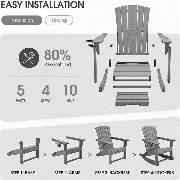 4-in-1 HDPE Adirondack Rocking Chair with Ottoman & Cup Holder