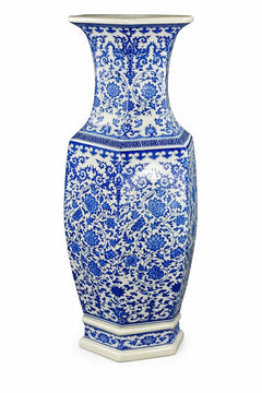 Large Hexagonal Blue and White Porcelain Lotus Vase