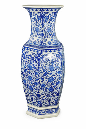 Large Hexagonal Blue and White Porcelain Lotus Vase