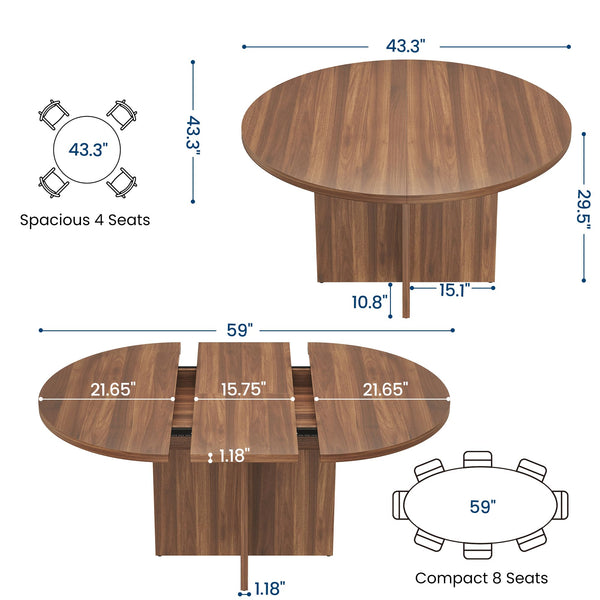 Extendable Round Dining Table 43–59 Inch for 4–8 People