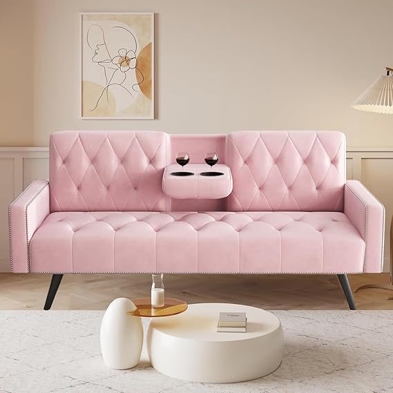 Convertible Velvet Futon Sofa Bed with Cup Holder