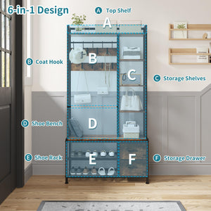 6-in-1 Hall Tree with Bench, Drawers & Shelves – Entryway Organizer