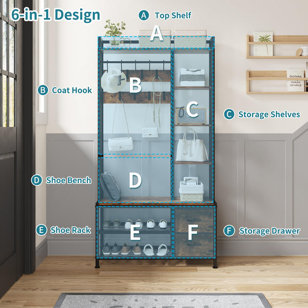 6-in-1 Hall Tree with Bench, Drawers & Shelves – Entryway Organizer