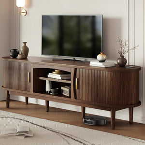 Mid-Century TV Stand with Power Outlets & Fluted Sliding Doors