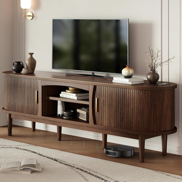 Mid-Century TV Stand with Power Outlets & Fluted Sliding Doors