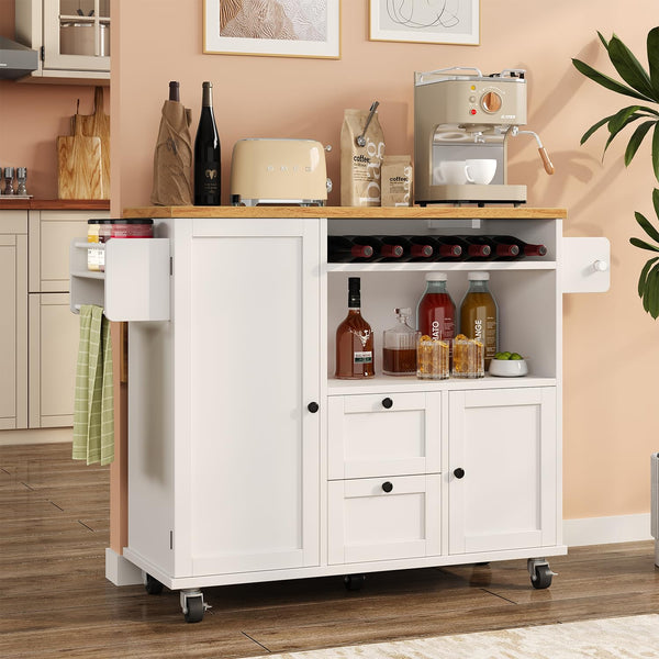 Rolling Kitchen Island with Storage, Drop-Leaf Countertop & Towel Rack