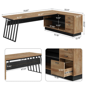 L-Shaped Executive Desk with File Cabinet and Storage Shelves