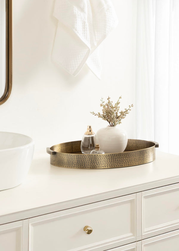Oval Hammered Metal Decorative Serving Tray with Handles