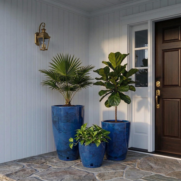 Blue Plastic Plant Pots Set of 3 with Drainage Hole and Saucer