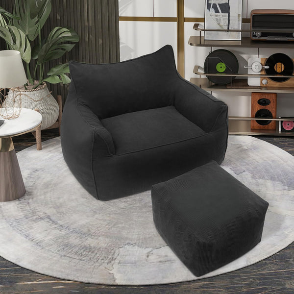 Bean Bag Chair with Footrest & Armrests – Corduroy Foam Sofa