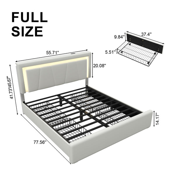 Upholstered Platform Bed Frame with LED Headboard, Storage Drawers & Charging Station