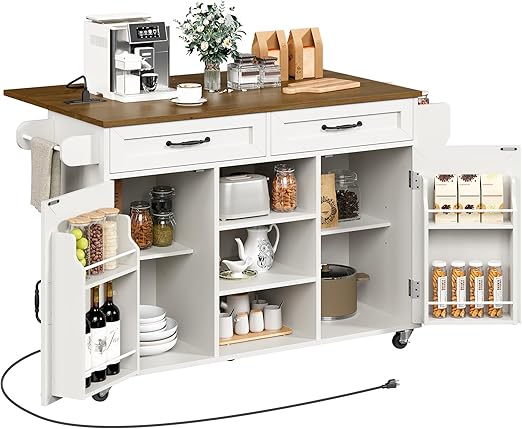 Kitchen Island with Power Outlets & Drop Leaf