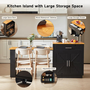 Expandable Kitchen Island with Dining Table & Storage