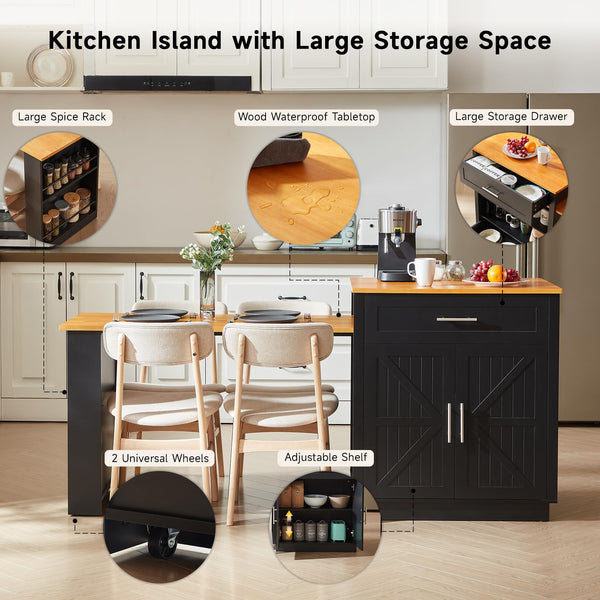 Expandable Kitchen Island with Dining Table & Storage