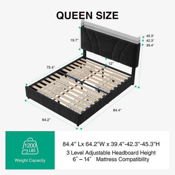 Queen Bed Frame with LED Lights, Drawers & Charging Station