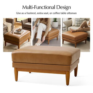 Genuine Leather Ottoman Coffee Table with Solid Wood Legs