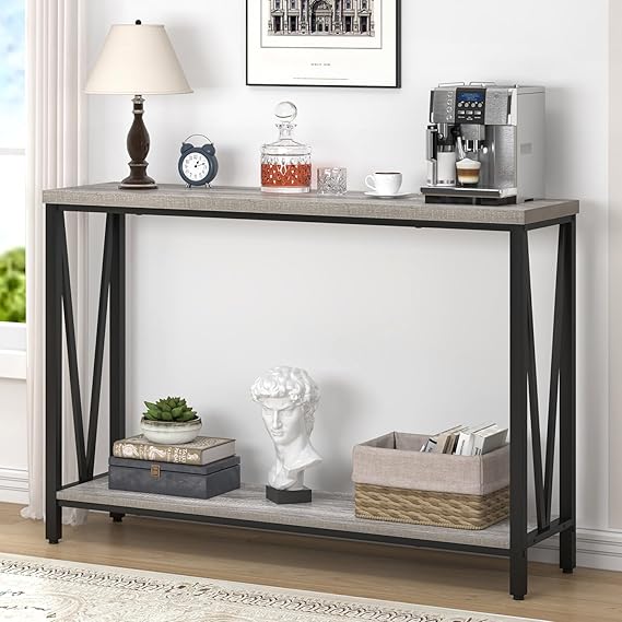Narrow Console Table with 2-Tier Shelves | Industrial Entryway & Sofa Table