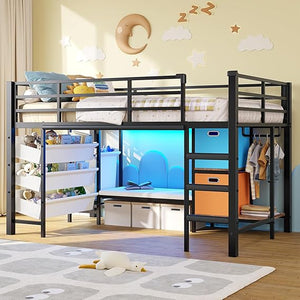 Twin Size Low Loft Bed with LED Lights, Bookshelf & Storage