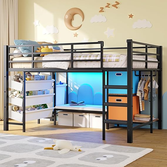 Twin Size Low Loft Bed with LED Lights, Bookshelf & Storage