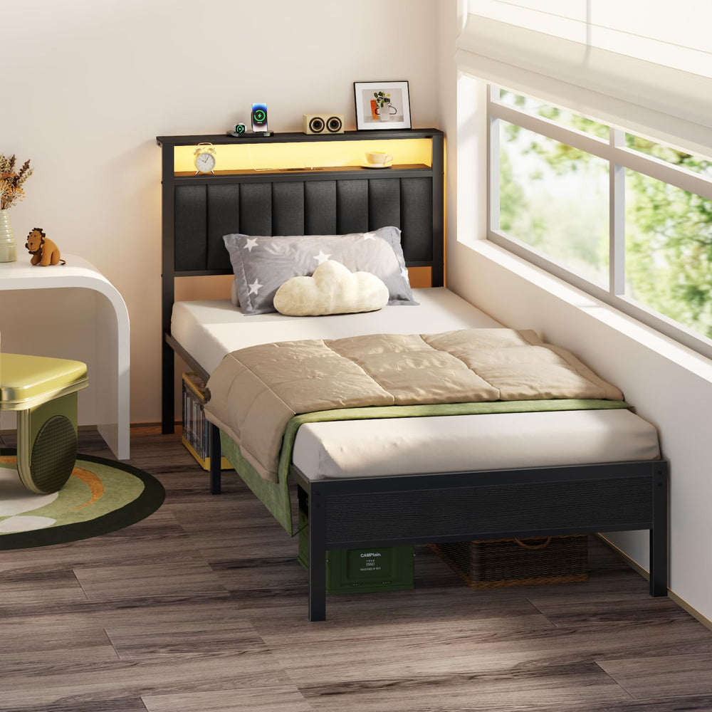 LED Bed Frame with Charging Station & Storage Headboard