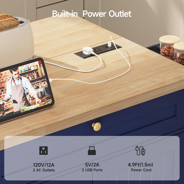 Rolling Kitchen Island Cart with Extendable Table & Power Outlet
