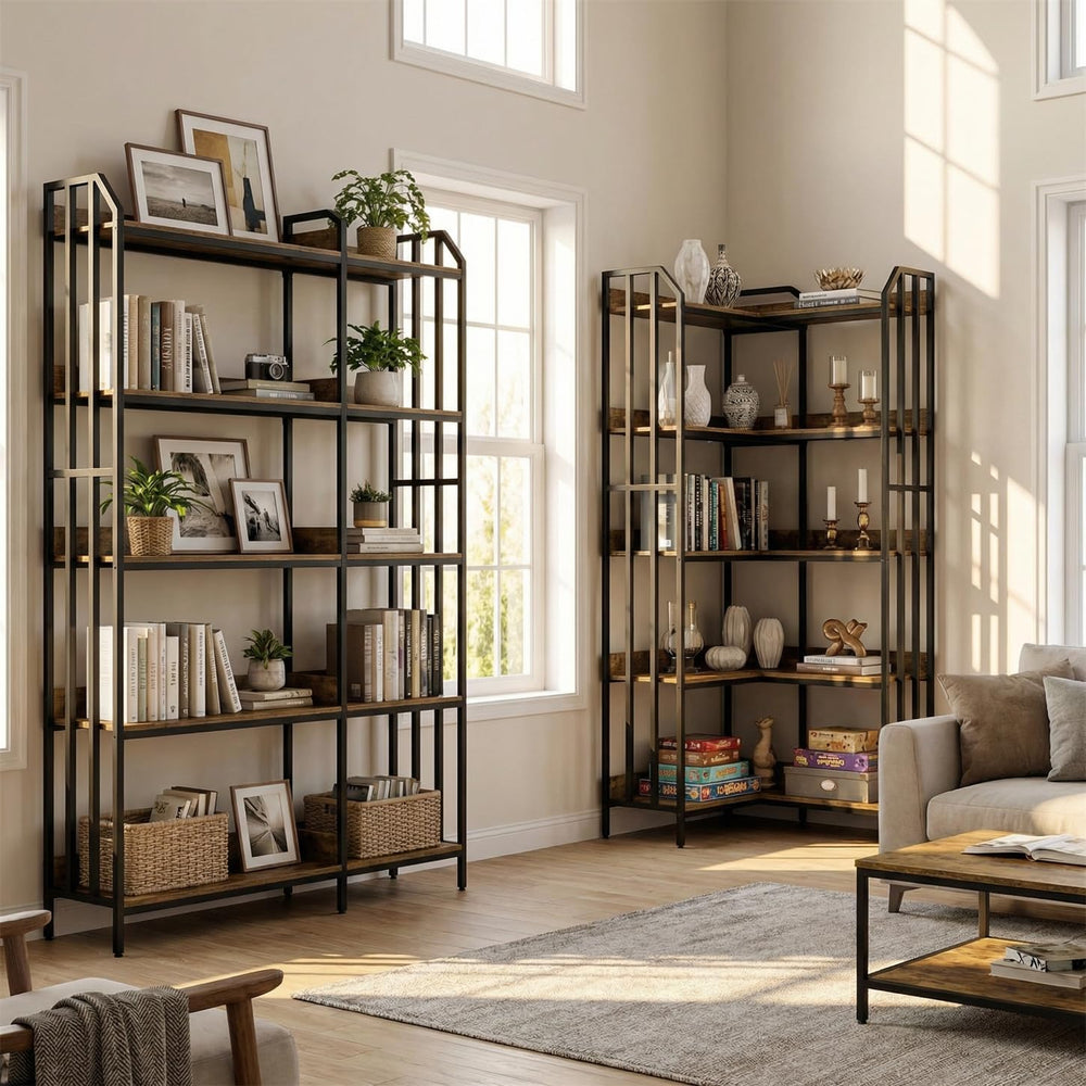 5-Tier Reversible Corner Bookshelf – Industrial Wood & Metal, 70"