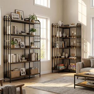 5-Tier Reversible Corner Bookshelf – Industrial Wood & Metal, 70"