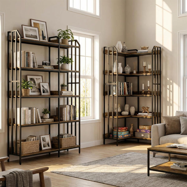 5-Tier Reversible Corner Bookshelf – Industrial Wood & Metal, 70"