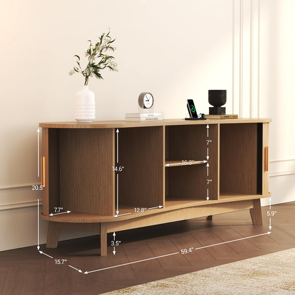 Mid Century Modern TV Stand with Sliding Doors and Power Outlet