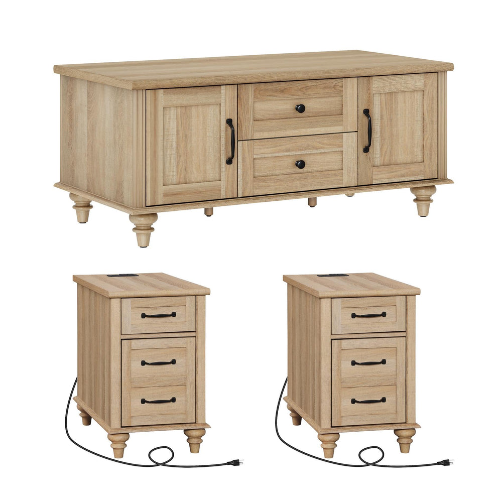 3-Piece Farmhouse Living Room Table Set with Charging Station