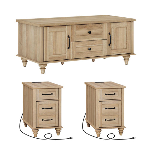 3-Piece Farmhouse Living Room Table Set with Charging Station