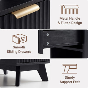 Tall Nightstand with Charging Station, Fluted Drawers & Storage Shelf