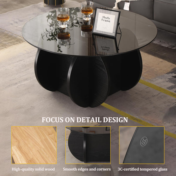 Round Glass Coffee Table with Wood Base
