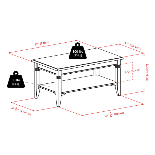37" Transitional Coffee Table with Lower Storage Shelf