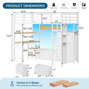 Twin Loft Bed with Desk, Storage & LED Lights